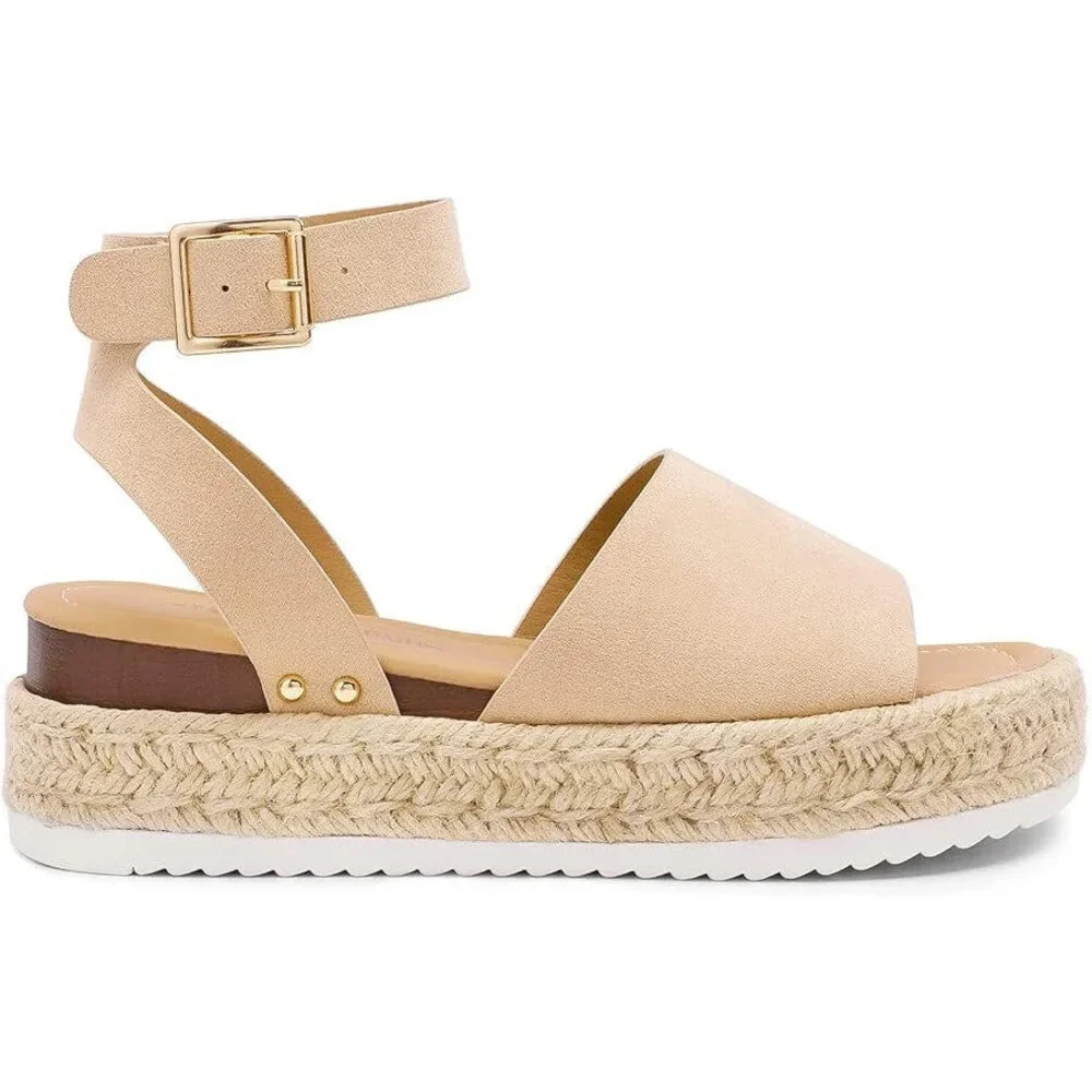 Dream Pairs Womens 7.5 Tan Faux Suede Platform Espadrille Ankle Strap Sandals